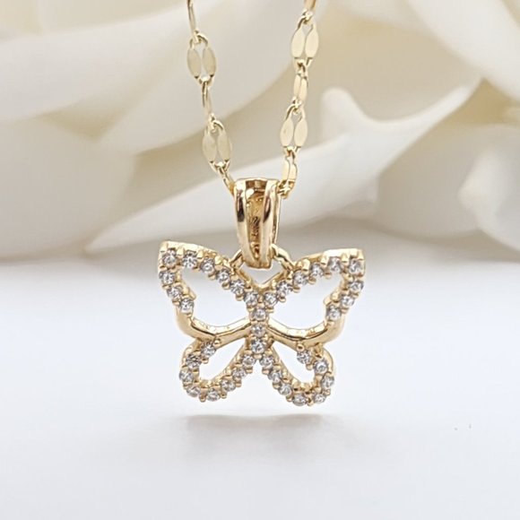 Solid 14k Gold Butterfly Charm Necklace - 18 Inches - Curved Mirror - Picture 1 of 5